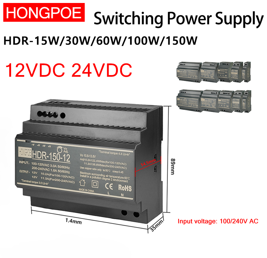 Smps Power Supply - DIN レールスイッチング電源 100-240VAC HDR-15W 30W 60W