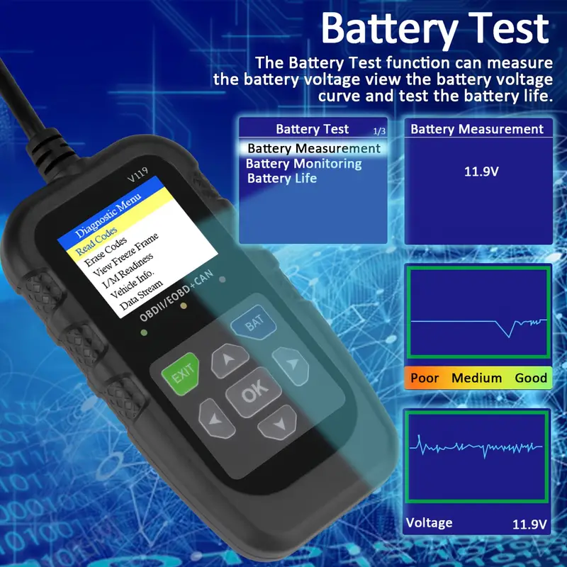 V119 OBD2スキャナーコードリーダー USB給電 車両 - Power Supply Tester のレビューと価格